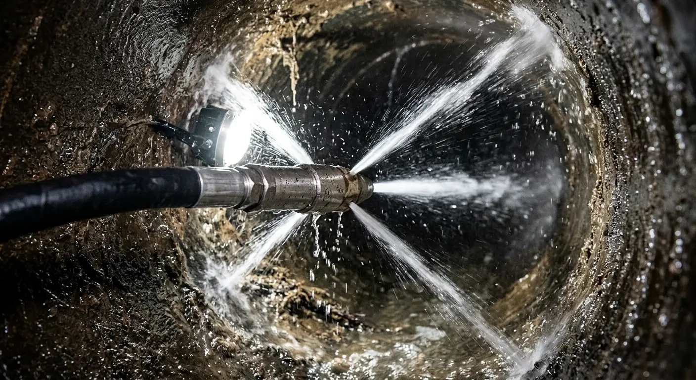 High-pressure hydro jetting nozzle cleaning sewer pipe for Trenchless Sewer Repair in Inver Grove Heights