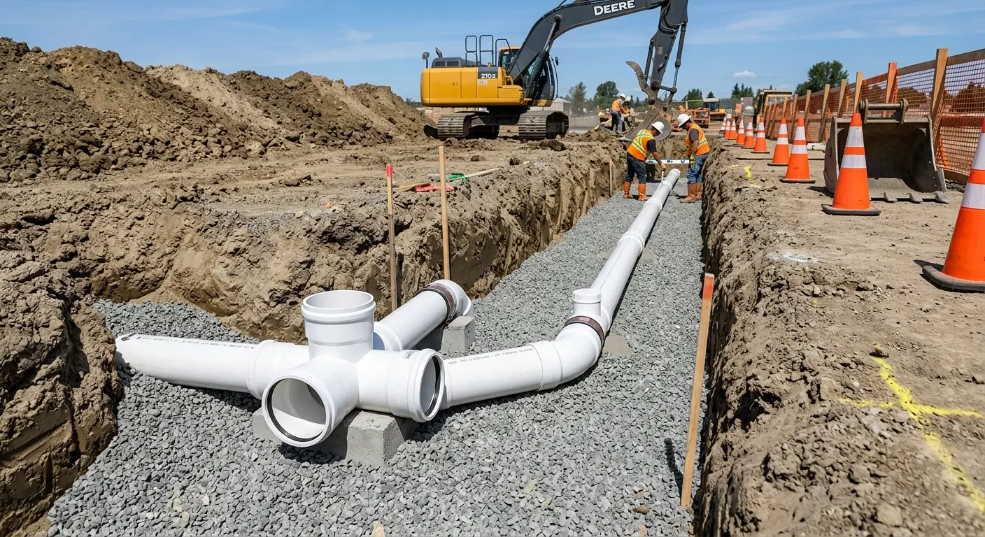 New PVC sewer pipe installation in open trench for Sewer Backup in Inver Grove Heights