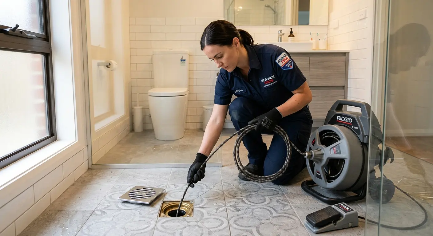 Technician clearing a bathroom floor drain for Hydro Jetting in Inver Grove Heights
